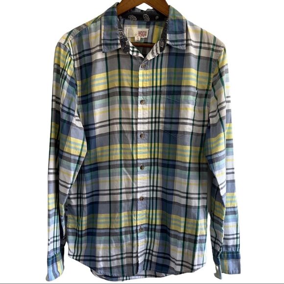 1901 Blue Green Yellow Plaid Button Down Collared Shirt Nordstroms Men's Medium - Picture 1 of 16